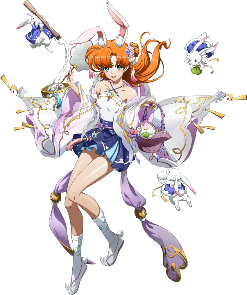 :d animal_ear_fluff animal_ears bare_legs bare_shoulders basket blue_eyes blue_skirt collarbone criss-cross_halter female floating_hair full_body hair_intakes halterneck highres holding holding_basket langrisser langrisser_iii layered_skirt long_hair miniskirt official_art orange_hair pleated_skirt rabbit_ears shiny_skin shirt skirt sleeveless sleeveless_shirt smile solo stuffed_animal stuffed_rabbit stuffed_toy third-party_source tiaris_(langrisser) transparent_background white_legwear white_shirt