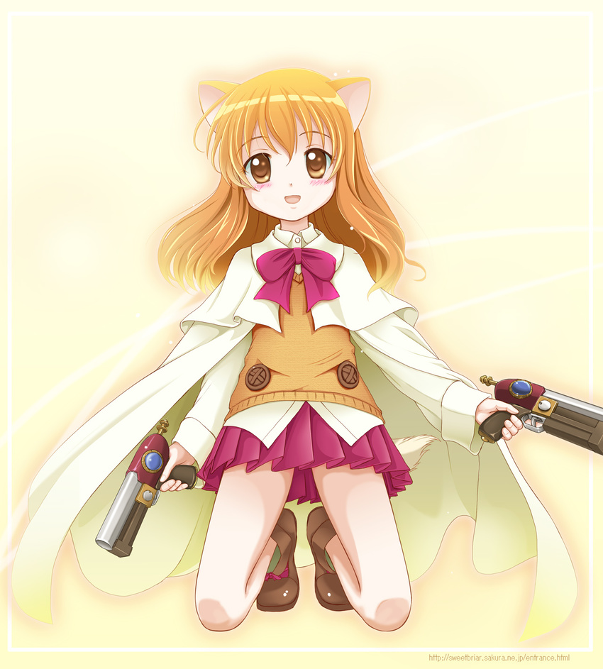 animal_ears blush brown_eyes cape dog_days dog_ears dog_girl female gun handgun highres kahis_(sweetbriar) kneeling looking_at_viewer orange_hair photoshop_(medium) pink_skirt pleated_skirt ricotta_elmar short_hair skirt smile solo tail weapon