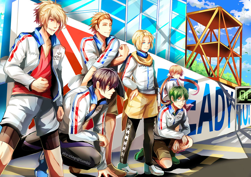 5boys :d aku-usagi artist_name blonde_hair blue_eyes blue_sky brown_hair clenched_hand commentary_request day female fujiwara_takeru glasses green_eyes green_hair hand_on_own_hip hasekura_heath jacket kadowaki_ayumu kohinata_hozumi long_hair male_focus multiple_boys open_mouth outdoors prince_of_stride red_eyes sakurai_nana shoes shorts sky smile sneakers sportswear standing stretching track_jacket twintails yagami_riku