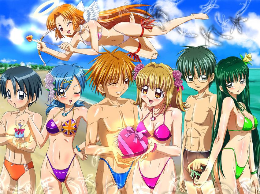 3boys 4girls akai_shinju angel angel_wings ankoku_tiger beach bikini black_eyes blonde_hair blue_hair blush breasts brown_eyes cleavage cupid doumoto_kaito glasses green_hair hamasaki_masahiro houshou_hanon large_breasts long_hair mermaid_melody_pichi_pichi_pitch multiple_boys multiple_girls nanami_lucia orange_hair seira_(mermaid_melody_pichi_pichi_pitch) shirai_nagisa short_hair smile speedo swim_briefs swim_trunks swimsuit touin_rina very_long_hair wings wink