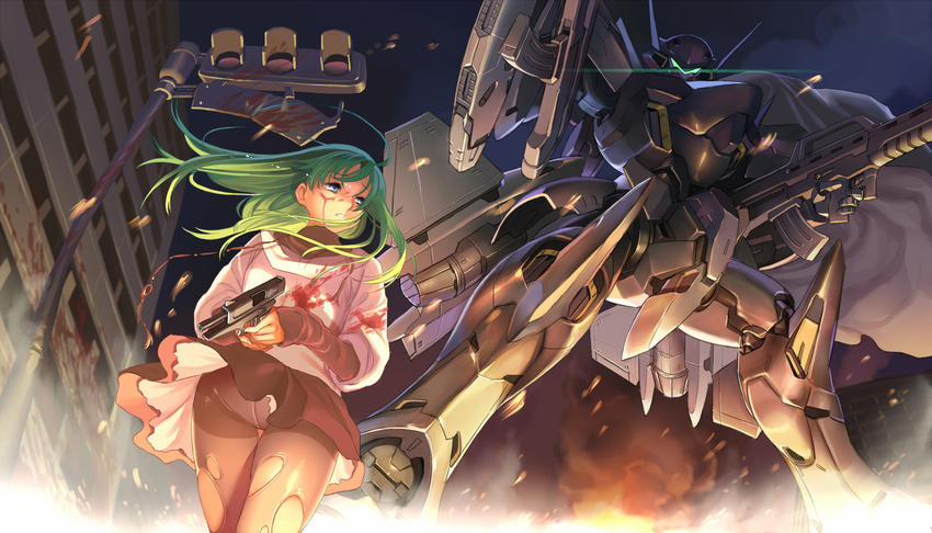 assault_visor battle blood blood_on_face blue_eyes building commentary_request female fire flyx2 green_hair green_visor gun highres holding holding_gun holding_weapon j-31 light_trail locked_slide long_hair mecha mechanization muv-luv muv-luv_alternative robot ruins science_fiction skirt smoke tactical_surface_fighter tears torn_clothes traffic_light weapon wind