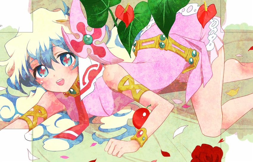 armlet bad_id bad_pixiv_id barefoot bracelet cross-shaped_pupils female flower hair_flower hair_ornament jewelry kinzou_(2828) leaf long_hair lying multicolored_hair nia_teppelin pink_skirt skirt smile solo symbol-shaped_pupils tengen_toppa_gurren_lagann texture two-tone_hair