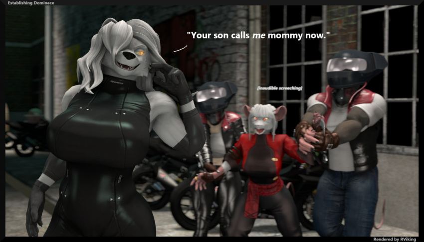 2022 3d_(artwork) 5_fingers anthro bear big_breasts black_nose breasts clothed clothing dialogue digital_media_(artwork) english_text female fingerless_gloves fingers fur gloves group hair hair_over_eye handwear holding_arm humanoid_hands male mammal mature_anthro mature_female motorcycle murid murine nataliya_(petruz) one_eye_obstructed open_mouth open_smile petruz_(copyright) polar_bear rat rat_(petruz) reindeerviking rodent screaming shizu_(petruz) smile source_filmmaker_(artwork) taunting teeth text tongue ursine vehicle white_body white_fur white_hair