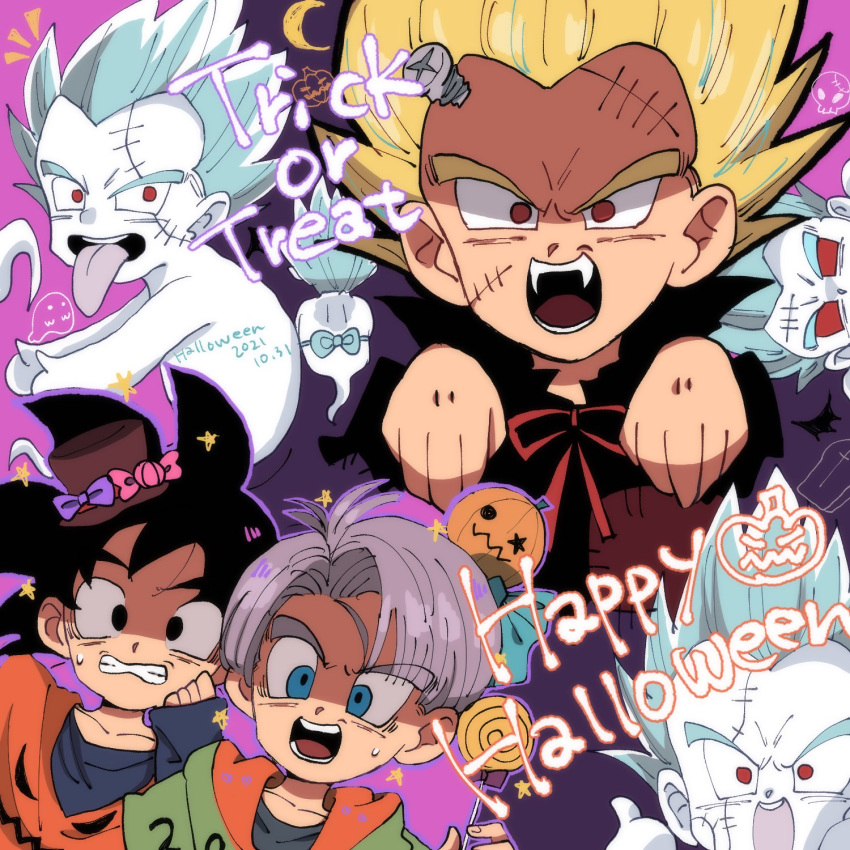 2boys black_hair blonde_hair blue_eyes clenched_teeth commentary dated dougi dragon_ball dragon_ball_super dragon_ball_z english_commentary english_text fangs ghost gotenks halloween happy_halloween highres jack-o'-lantern lolicon looking_at_viewer male_focus multiple_boys open_mouth red_eyes scared shi_be_no son_goten spiked_hair super_ghost_kamikaze_attack super_saiyan super_saiyan_1 sweat teeth tongue tongue_out trick_or_treat trunks_(dragon_ball) vampire white_hair wide-eyed