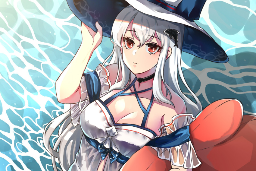 arknights bare_shoulders black_choker breasts chinese_commentary choker cleavage closed_mouth collarbone commentary_request dolphin_hair_ornament female hand_on_headwear large_breasts long_hair looking_at_viewer muzi_(muaz) official_alternate_costume on_water one-piece_swimsuit partial_commentary red_eyes skadi_(arknights) skadi_(waverider)_(arknights) solo swimsuit upper_body water white_headwear white_one-piece_swimsuit