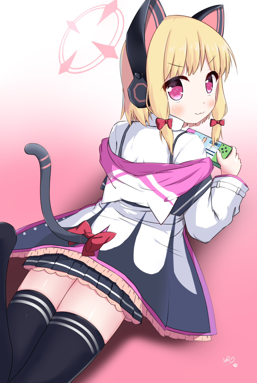 :3 absurdres animal_ear_headphones animal_ears black_skirt black_thighhighs blonde_hair blue_archive blush bow cat_ear_headphones cat_ears cat_tail chinese_commentary closed_mouth collared_shirt commentary_request fake_animal_ears female from_above from_behind gradient_background hairbow halo handheld_game_console headphones highres holding jacket leg_up long_sleeves looking_at_viewer looking_back looking_up lying meta momoi_(blue_archive) no_shoes on_stomach pink_background pleated_skirt purple_eyes red_bow shirt sidelocks signature skirt solo tail thighhighs v-shaped_eyebrows white_background white_jacket white_shirt xiaosamiao