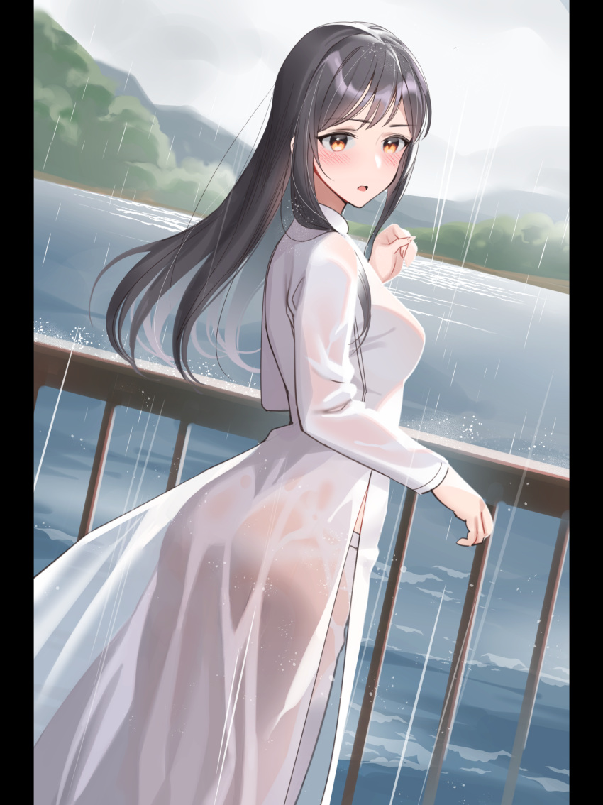 absurdres ass bad_id bad_pixiv_id black_hair breasts cloud cloudy_sky commentary_request day dutch_angle feet_out_of_frame female from_behind from_side grey_sky hand_up highres kitazawa_(embers) long_hair long_sleeves looking_at_viewer looking_back mole mole_under_eye open_mouth original outdoors railing rain see-through sky small_breasts solo standing vietnamese_dress water wet wet_clothes yellow_eyes