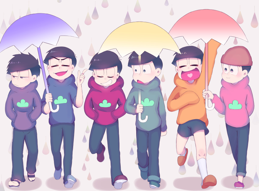 6+boys absurdres blue_hoodie brothers green_hoodie highres holding holding_umbrella hood hoodie male_focus matsuno_choromatsu matsuno_ichimatsu matsuno_jyushimatsu matsuno_karamatsu matsuno_osomatsu matsuno_todomatsu multiple_boys osomatsu-san osomatsu_(series) pink_hoodie purple_hoodie rain red_hoodie sextuplets siblings sound_bell umbrella yellow_hoodie