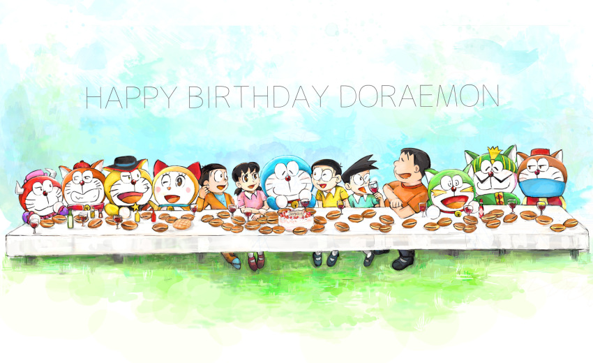 2019 anthro bell beverage blue_body blue_fur blue_sky brown_body brown_fur cake closed_eyes clothing collar day dessert domestic_cat dora-nichov dora-rinho dora_med_iii dora_the_kid doraemon doraemon_(character) dorami dorayaki el_matadora english_text eye_half_closed facial_hair felid feline felis female food footwear front_view fur furniture glass grass green_body green_fur group happy_birthday hat headgear headwear hi_res holding_glass holding_object horn human inspired_by_formal_art machine male mammal moustache mouth_closed mt_tg narrowed_eyes nobita_nobi open_mouth orange_body orange_fur outside plant red_body red_fur robot seasoning sewashi_nobi shaded shirt shizuka_minamoto shoes sitting sky squint suneo_honekawa table takeshi_goda text the_doraemons the_last_supper tongue topwear wang_dora white_body white_fur yellow_body yellow_fur