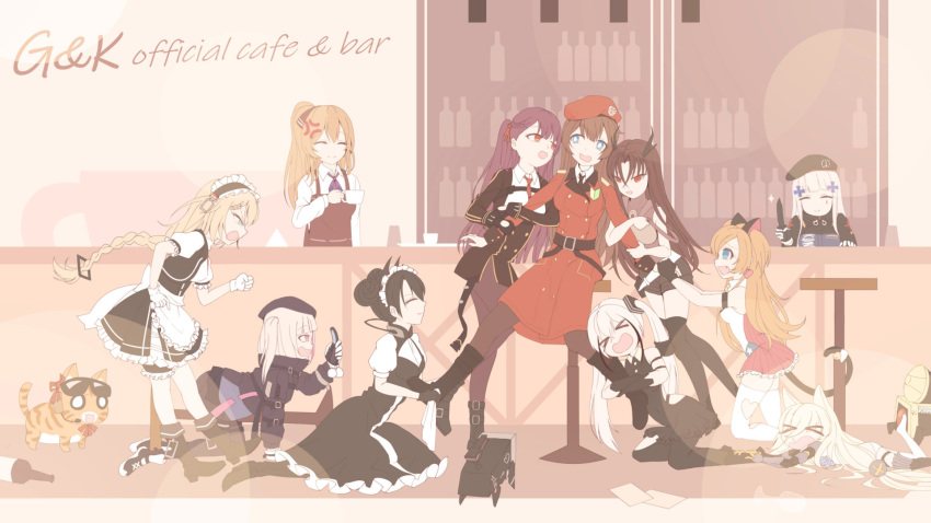 >_< 6+girls agent_(girls'_frontline) all_fours arm_hug banana_(girls'_frontline) belt beret black_footwear black_hair black_headwear black_jacket black_pantyhose black_thighhighs blonde_hair blue_eyes boots braid brown_hair closed_eyes closed_mouth cup destroyer_(girls'_frontline) dinergate_(girls'_frontline) double_bun dress executioner_(girls'_frontline) eyewear_on_head facial_mark feline female_commander_(girls'_frontline) g36_(girls'_frontline) g41_(girls'_frontline) girls'_frontline gloves griffin_&_kryuger_military_uniform hair_bun harem hat highres hk416_(girls'_frontline) holding holding_cup holding_knife hugging_own_legs jacket kalina_(girls'_frontline) kalinya kneeling knife long_hair long_sleeves maid maid_headdress mdr_(girls'_frontline) military military_uniform mk23_(girls'_frontline) multiple_girls non-humanoid_robot open_mouth pantyhose pink_eyes puffy_short_sleeves puffy_sleeves purple_hair red_eyes red_headwear robot sangvis_ferri short_hair short_sleeves sitting smile springfield_(girls'_frontline) sunglasses thighhighs twintails uniform wa2000_(girls'_frontline) white_gloves white_hair white_thighhighs wo_you_yibei_jia_wanli yuri