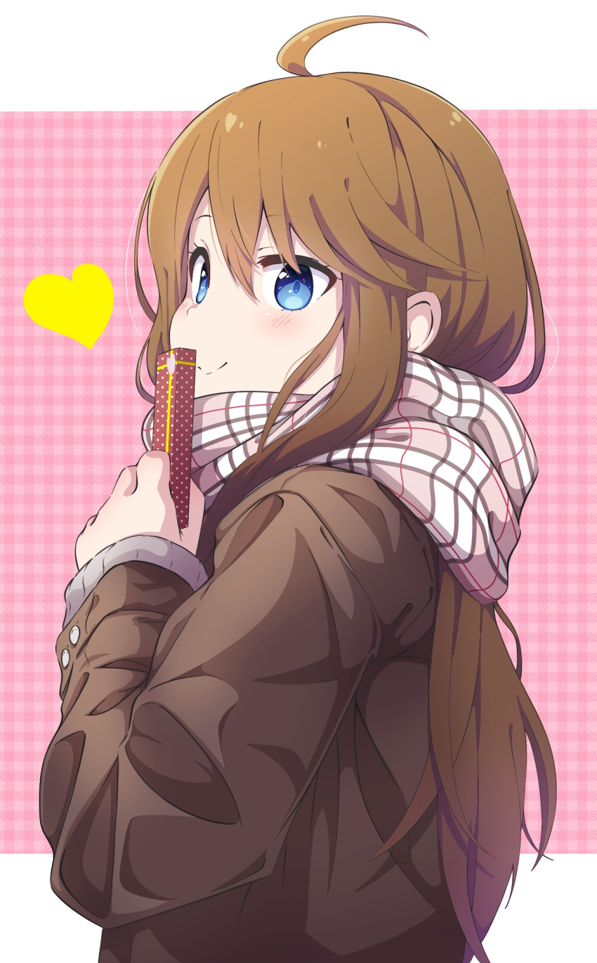 :> ahoge arms_up blue_eyes blush box box_of_chocolates brown_coat brown_hair buttons checkered_background closed_mouth coat commentary english_commentary enpera female from_side gyorui_(katsuwo_drawing) hair_between_eyes heart highres holding holding_box idolmaster idolmaster_million_live! letterboxed long_hair long_sleeves looking_at_viewer looking_back looking_to_the_side pink_background plaid plaid_scarf scarf sidelocks simple_background sleeves_past_wrists smile solo tokoro_megumi upper_body valentine