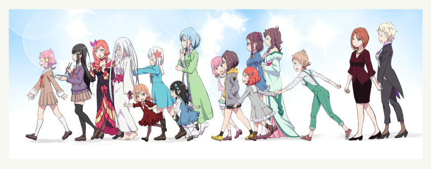 6+girls ^_^ aged_down anna_fugo black_hair blonde_hair blue_hair bow braid chopsticks claire_fugo closed_eyes earrings eating everyone flower formal from_side granbelm green_eyes hair_flower hair_ornament hairbow hakamada_suishou highres holding holding_chopsticks holding_hands hoop_earrings jewelry kohinata_kibou kohinata_mangetsu multiple_girls necklace overalls pearl_necklace pencil_skirt pink_bow pink_hair red_hair rin_mimi rin_nana rin_nene rosa_(granbelm) sailor_collar sasha_(granbelm) school_uniform serafuku shingetsu_ernesta_fukami short_hair short_twintails siblings sisters skirt suit tsuchimikado_kuon tsuchimikado_shisui twin_braids twintails walking white_hair yoruno_sekai yuri