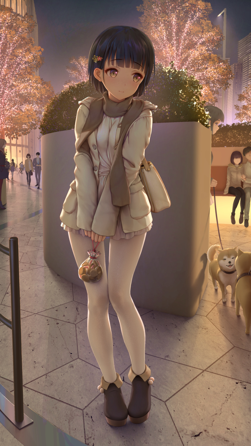 ankle_boots averting_eyes bag black_footwear black_hair black_scarf blunt_bangs blush boots breasts brown_eyes canine city closed_mouth coat cookie dress female flower food full_body hair_flower hair_ornament hairclip handbag highres himitsu_(hi_mi_tsu_2) hina_saori_(himitsu) holding long_sleeves looking_to_the_side night open_clothes open_coat original outdoors pantyhose scarf short_hair shoulder_bag sleeves_past_wrists small_breasts smile solo_focus standing valentine white_dress white_pantyhose yellow_coat