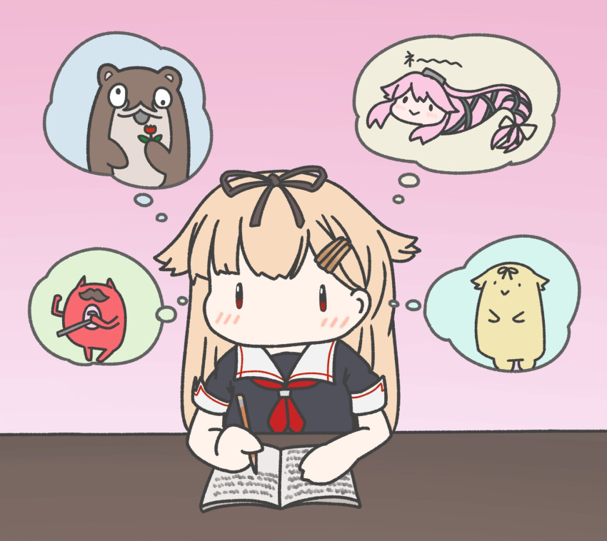 abyssal_ship black_ribbon black_serafuku blonde_hair bokukawauso chibi enemy_lifebuoy_(kancolle) female hair_flaps hair_ornament hair_ribbon hairclip highres johnny_(sibatay) kantai_collection long_hair neckerchief no_mouth notebook pencil pink_background red_eyes red_neckerchief ribbon sailor_collar school_uniform serafuku simple_background snake solo the_yuudachi-like_creature thought_bubble white_sailor_collar writing yura_(kancolle) yura_(snake) yuudachi_(kancolle) yuudachi_kai_ni_(kancolle)