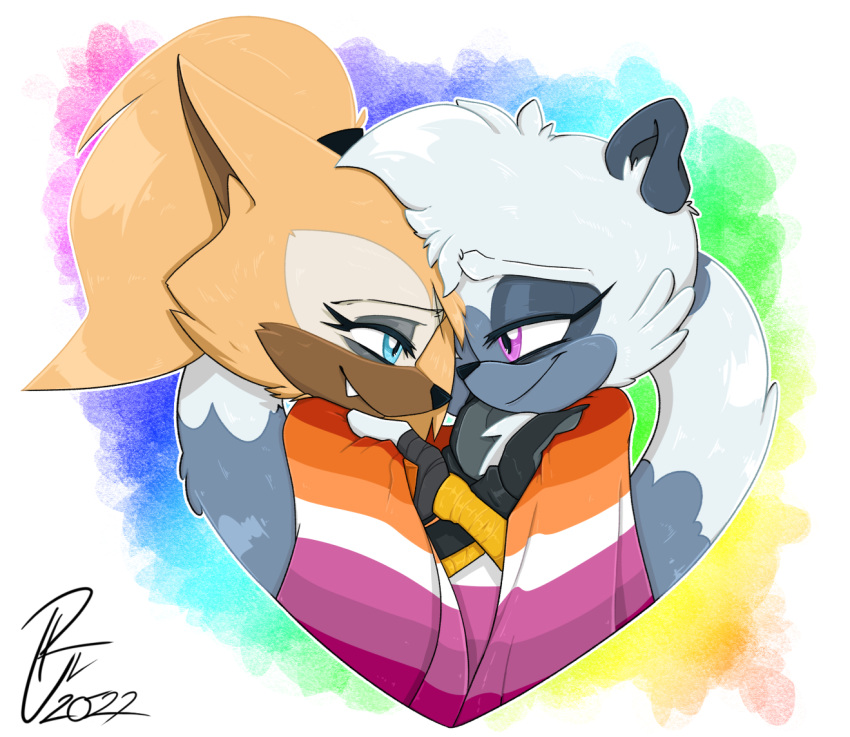 2022 anthro bangs blue_eyes canid canine canis clothed clothing duo female female/female flag fluffy fully_clothed fur hair happy heart_symbol hug idw_publishing lemur lesbian_pride_colors lgbt_pride long_hair long_tail looking_at_another love loving_gaze mammal orange_lesbian_pride_colors ponytail pride_colors primate purple_eyes r.nemrick rainbow rainbow_background ring-tailed_lemur romantic romantic_ambiance romantic_couple sega simple_background smile sonic_the_hedgehog_(comics) sonic_the_hedgehog_(idw) sonic_the_hedgehog_(series) strepsirrhine tail tan_body tan_fur tangle_the_lemur wearing_flag whisper_the_wolf white_body white_fur wolf