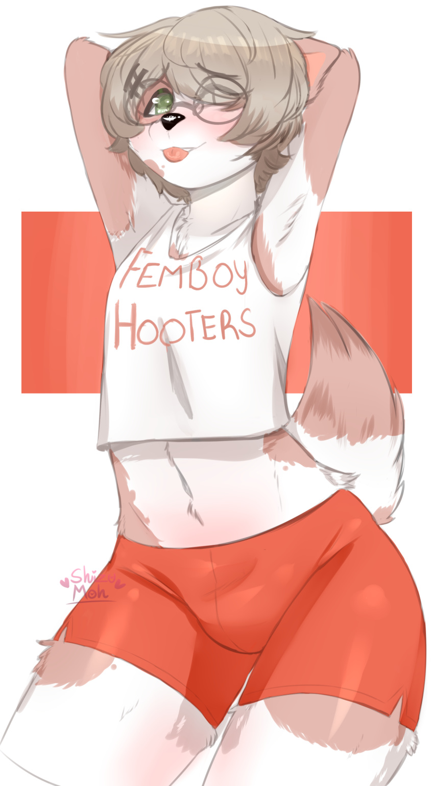 absurd_res anthro canid canine canis clothed clothing digital_media_(artwork) domestic_dog english_text eyewear femboy femboy_hooters glasses hi_res hooters_uniform male mammal shirt shizumoh simple_background solo tank_top text text_on_clothing text_on_shirt text_on_tank_top text_on_topwear tongue tongue_out topwear