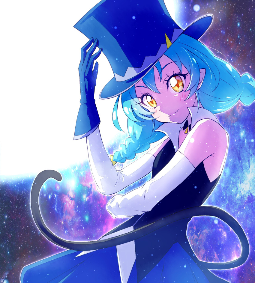 :3 black_choker blue_cat_(precure) blue_gloves blue_hair blue_headwear blue_jacket blue_skirt blush braid cat_tail choker detached_sleeves female gloves hair_between_eyes highres jacket kyoutsuugengo long_hair long_sleeves pleated_skirt pointy_ears precure skirt sky sleeveless sleeveless_jacket solo space standing star_(sky) star_twinkle_precure starry_sky tail twin_braids twintails white_sleeves yellow_eyes yuni_(precure)