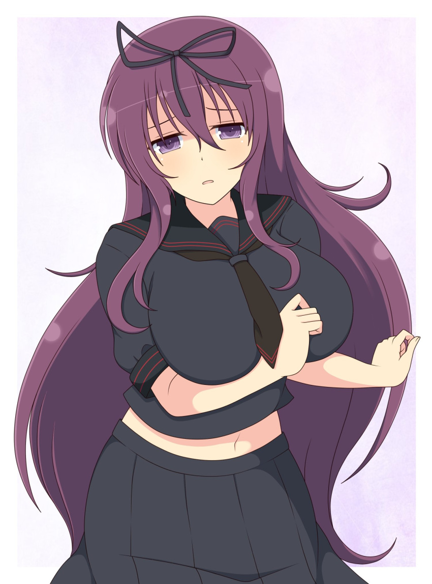 black_ribbon breasts female hair_between_eyes hair_ribbon hebijo_academy_uniform highres ichiryuu_tsumiki large_breasts long_hair looking_at_viewer midriff murasaki_(senran_kagura) navel parted_lips purple_eyes purple_hair ribbon school_uniform senran_kagura serafuku sidelocks solo very_long_hair