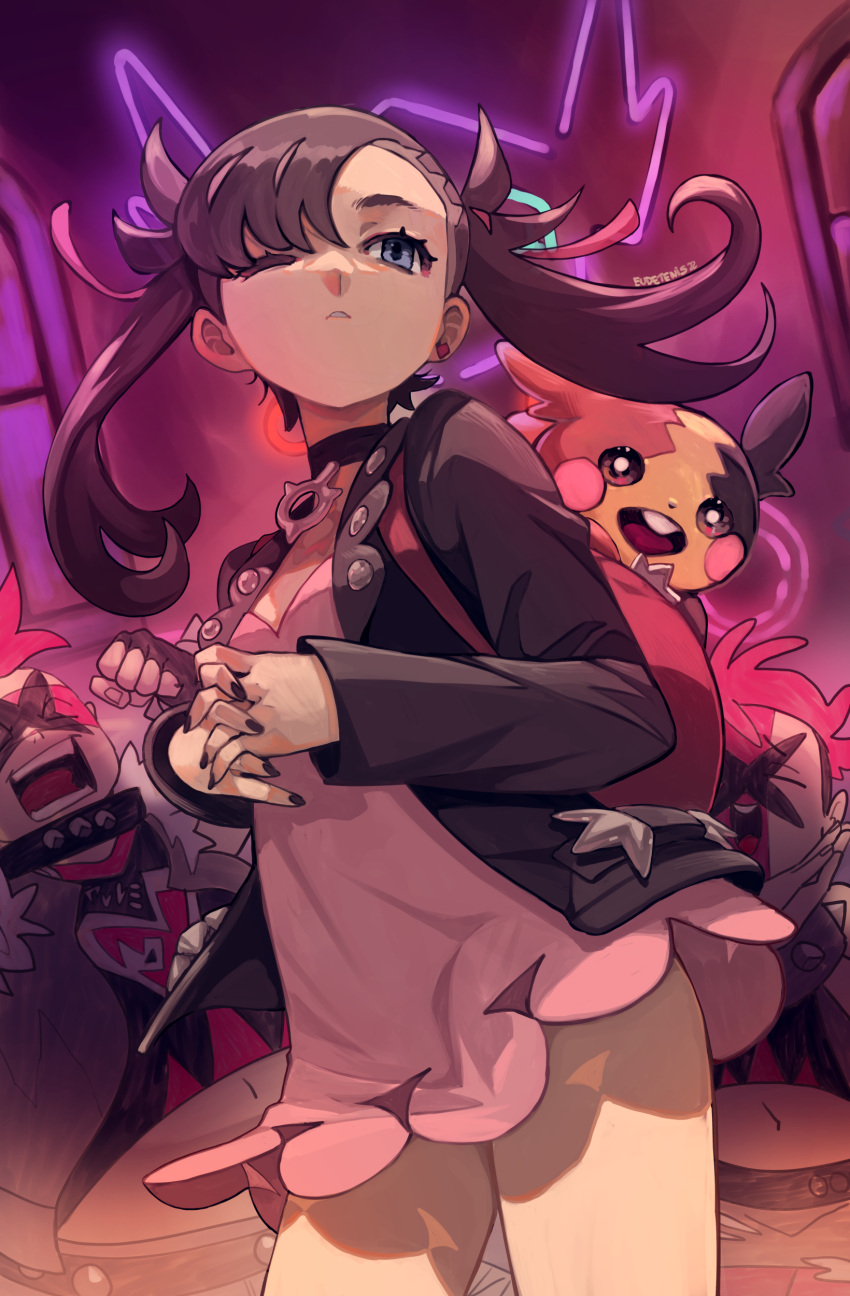 1boy 2girls :d absurdres asymmetrical_bangs backpack bag black_choker black_hair black_jacket black_nails black_shirt black_vest blue_eyes breasts choker closed_eyes commentary_request dress earrings eudetenis facepaint hair_ribbon highres jacket jewelry long_sleeves marnie_(pokemon) midriff morpeko morpeko_(full) multiple_girls nail_polish navel one_eye_closed open_clothes open_jacket open_vest own_hands_together parted_lips pink_dress pokemon pokemon_(creature) pokemon_swsh red_ribbon ribbon shirt signature sleeves_past_wrists small_breasts smile standing team_yell team_yell_grunt twintails variant_set vest