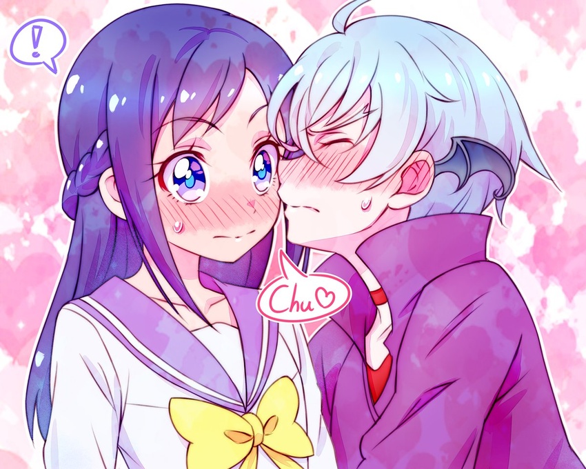 ! 1boy ahoge blue_eyes blue_hair blush bow bowtie choker closed_eyes closed_mouth collarbone collared_shirt couple dokidoki!_precure embarrassed female half_up_braid head_wings heart hishikawa_rikka imminent_kiss ira_(dokidoki!_precure) jacket kiss_day kyoutsuugengo long_hair nose_blush precure purple_jacket purple_sailor_collar red_choker red_shirt sailor_collar sailor_shirt shirt speech_bubble spoken_exclamation_mark spoken_heart straight sweatdrop white_hair white_shirt wings yellow_bow yellow_bowtie