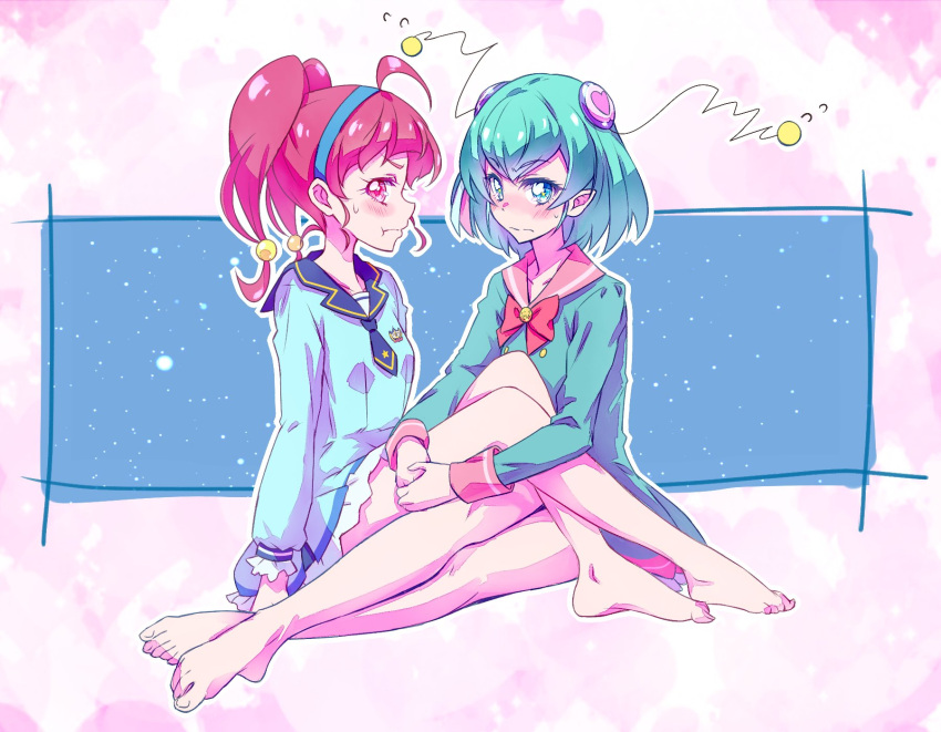 2girls :t aikatsu!_(series) aikatsu_friends! aikatsu_stars! barefoot blue_dress blue_eyes blue_hair bun_cover closed_mouth collarbone collared_shirt cosplay creator_connection dress full_body hagoromo_lala highres hoshina_hikaru kyoutsuugengo long_hair long_sleeves medium_hair multiple_girls pink_shirt precure red_eyes red_hair sailor_collar sailor_shirt school_uniform shirt short_dress star_(sky) star_harmony_academy_school_uniform star_twinkle_precure sweatdrop twintails yotsuboshi_academy_school_uniform