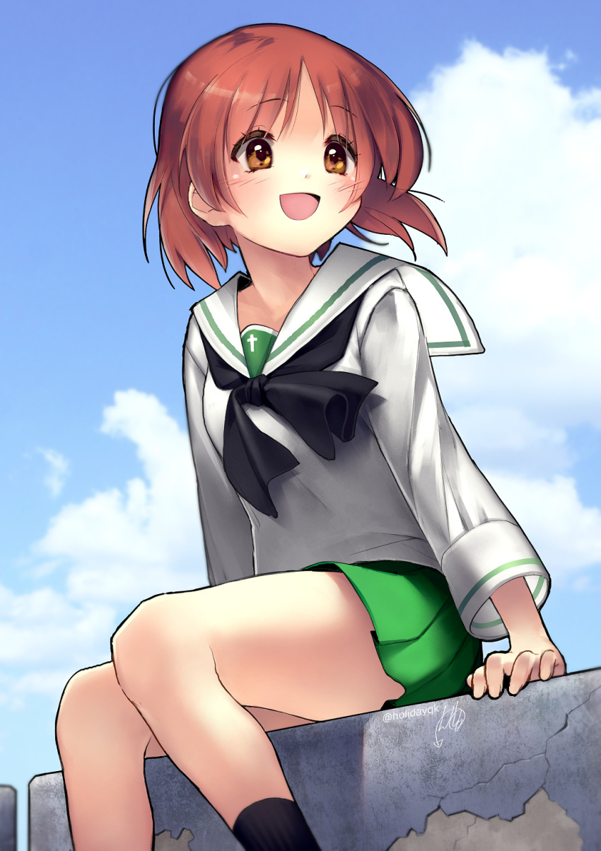 :d artist_name black_neckerchief black_socks blouse blue_sky brown_eyes brown_hair cloud cloudy_sky commentary commission day female girls_und_panzer green_skirt highres long_sleeves looking_to_the_side miniskirt neckerchief nishizumi_miho ooarai_school_uniform open_mouth outdoors pleated_skirt school_uniform serafuku shirt short_hair signature skirt sky smile socks solo sumi_(oyasumie) twitter_username white_shirt