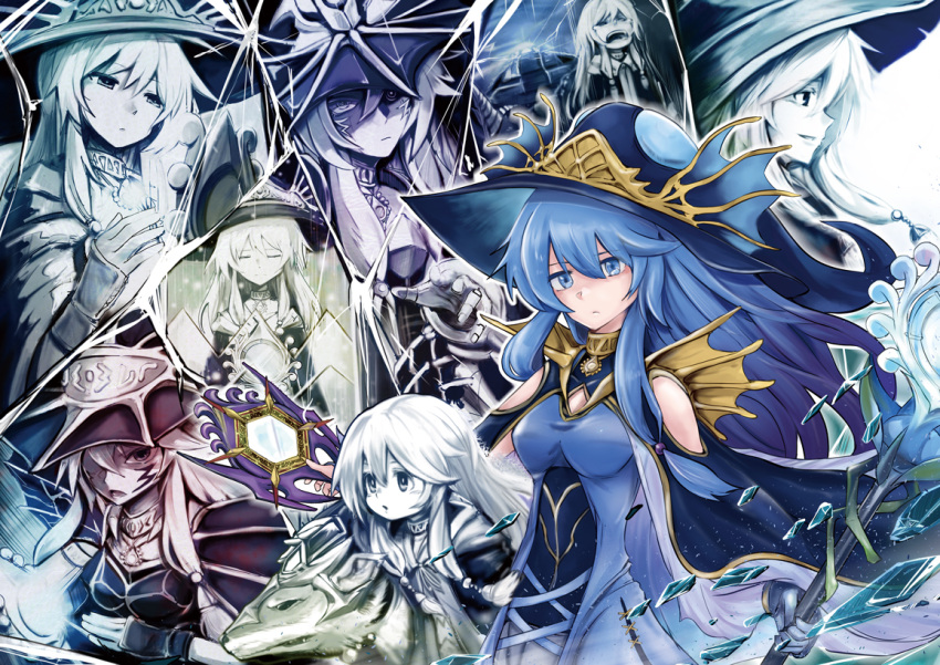 age_progression amemikan ariel_(yu-gi-oh!) ariel_priestess_of_the_nekroz blue_eyes blue_hair breasts closed_eyes clothing_cutout collar crying defender_of_the_ice_barrier dress duel_monster el_shaddoll_apkallone evigishki_mind_augus evigishki_neremanas female gishki_ariel gloves gradient_hair hat holding holding_staff long_hair long_sleeves medium_breasts metal_collar multicolored_hair naelshaddoll_ariel open_mouth parted_lips progression purple_hair shoulder_cutout speaker_for_the_ice_barriers staff wide_sleeves witch_hat yu-gi-oh!