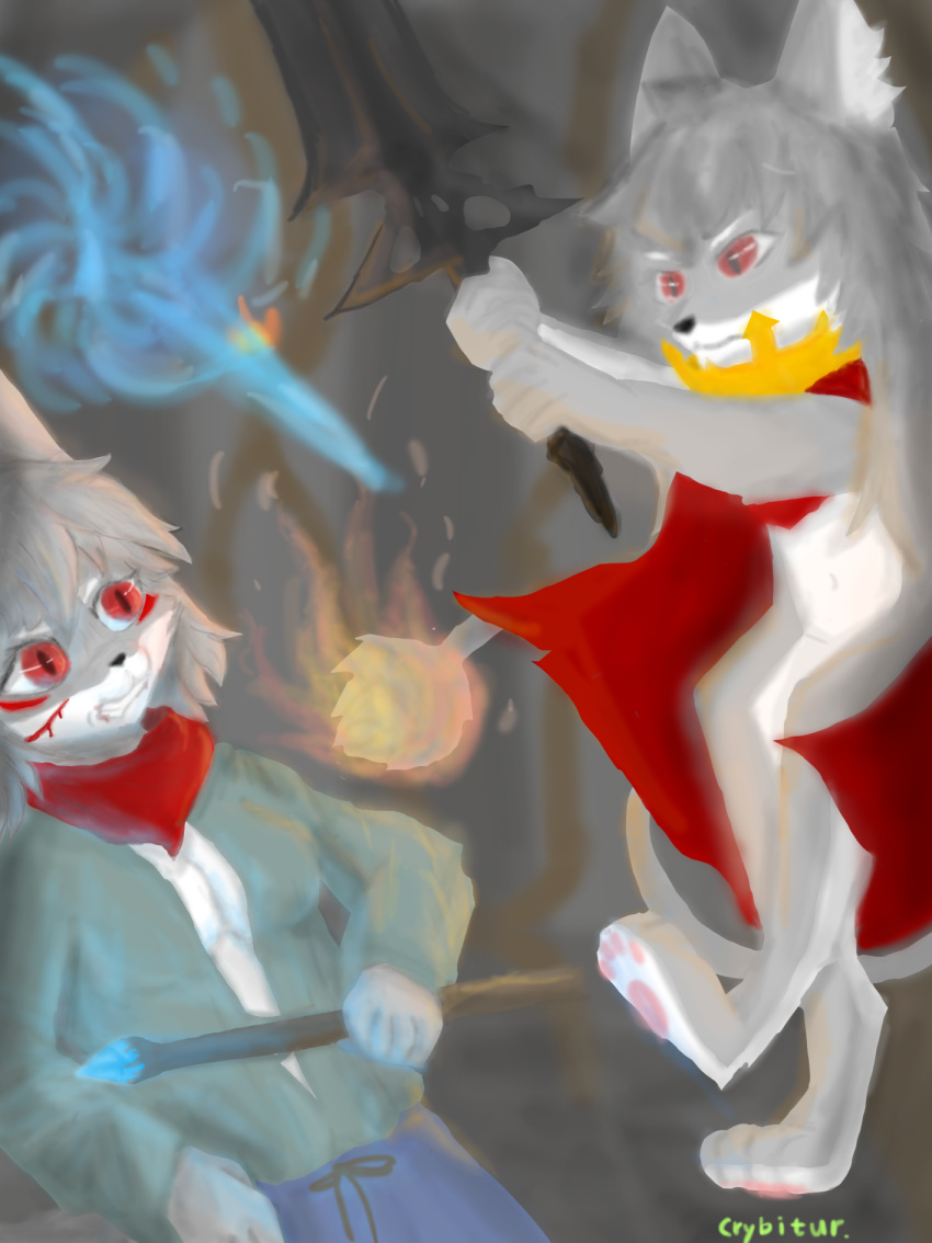 anthro blood blood_on_face bodily_fluids canid canine canis clothing crybitur duo erdtree_burial_watchdog felid female fight fire fur grey_body grey_fur grey_hair hair hi_res hybrid magic magic_wand male male/female mammal melee_weapon mr.quin red_eyes roots scarf simple_background sword weapon