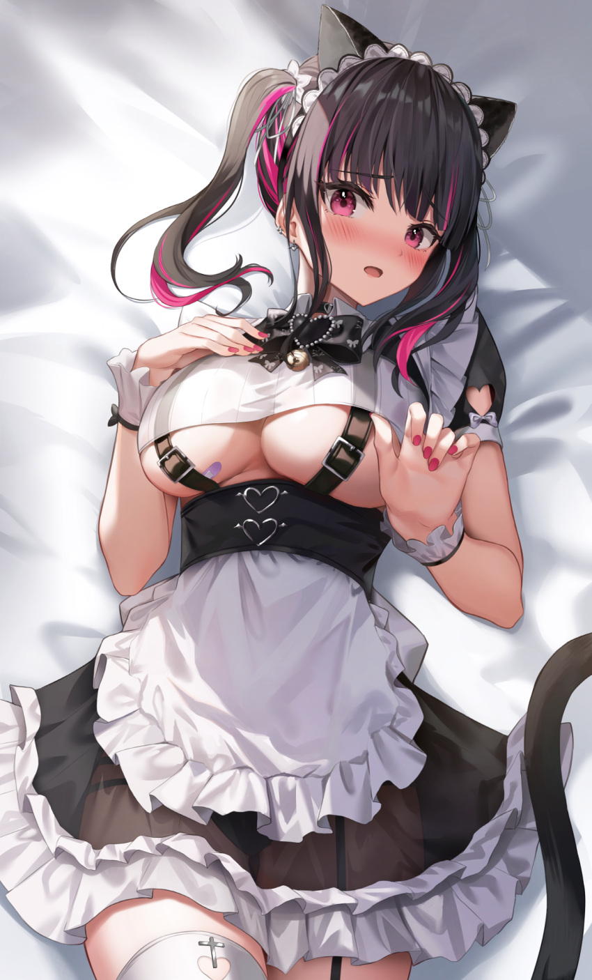 animal_ears apron belt_bra black_bow black_bowtie black_hair blunt_bangs blush bow bowtie breasts commentary earrings female garter_straps highres indie_virtual_youtuber jewelry lying maid maid_apron maid_headdress multicolored_hair nail_polish on_bed purple_hair rikotan_(vtuber) shuvi_(shuvi1125) side_ponytail single_garter_strap solo thighhighs underboob virtual_youtuber waist_apron white_thighhighs wrist_cuffs