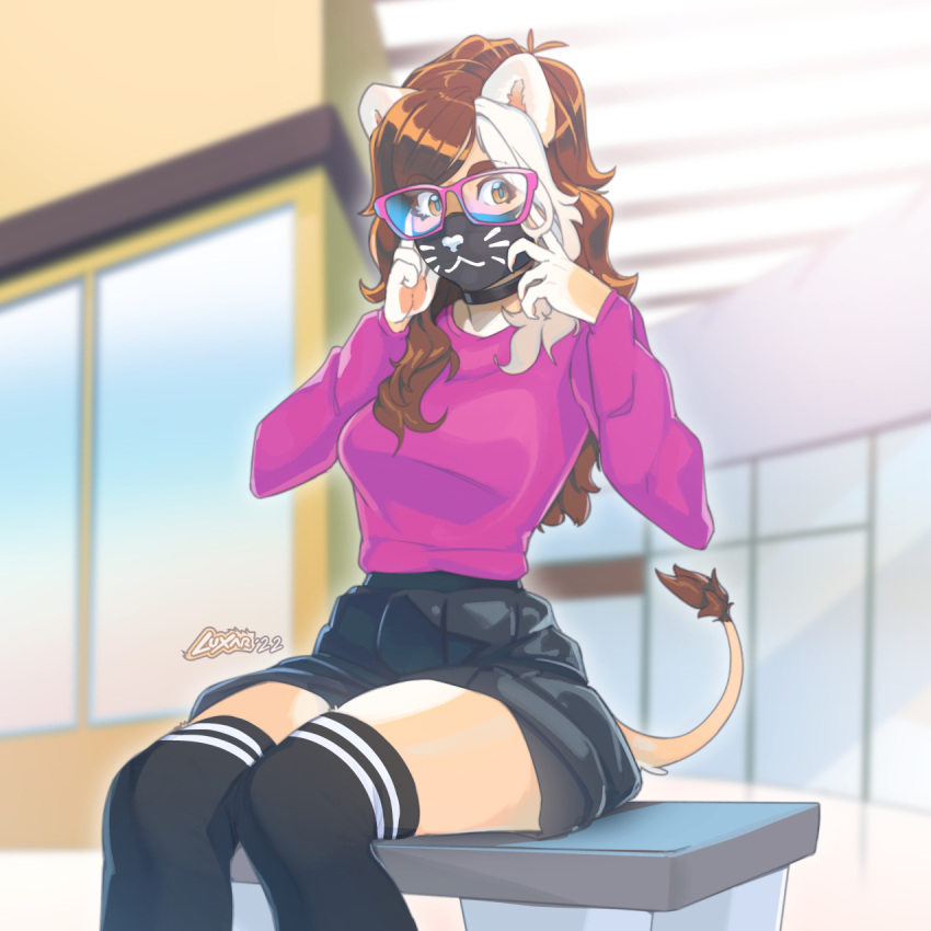 1:1 absolute_territory anthro black_bottomwear black_clothing black_legwear black_skirt bottomwear breasts brown_eyebrows brown_hair brown_tail clothed clothing dandee_(character) eyebrows eyewear felid female fully_clothed fur fur_tuft glasses hair hi_res legwear lion looking_at_viewer luxar92 mammal mask multicolored_body multicolored_ears multicolored_fur pantherine pink_clothing pink_eyewear pink_glasses pink_topwear sitting skirt tail tail_tuft tan_body tan_fur tan_legs tan_tail thigh_highs topwear tuft white_clothing white_legwear