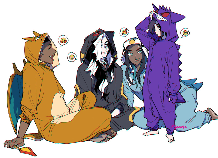 3boys allister_(pokemon) arm_support barefoot black_hair buttons charizard charizard_(cosplay) closed_eyes closed_mouth commentary_request cosplay dark-skinned_female dark-skinned_male dark_skin emoji female gengar gengar_(cosplay) green_eyes highres hood hood_up kigurumi multicolored_hair multiple_boys nessa_(pokemon) onesie open_mouth pale_skin piers_(pokemon) piplup piplup_(cosplay) pokemon pokemon_swsh raihan_(pokemon) raised_eyebrows short_hair signature sitting smile t1ger_spuma teeth toes two-tone_hair umbreon umbreon_(cosplay) upper_teeth_only white_background white_hair