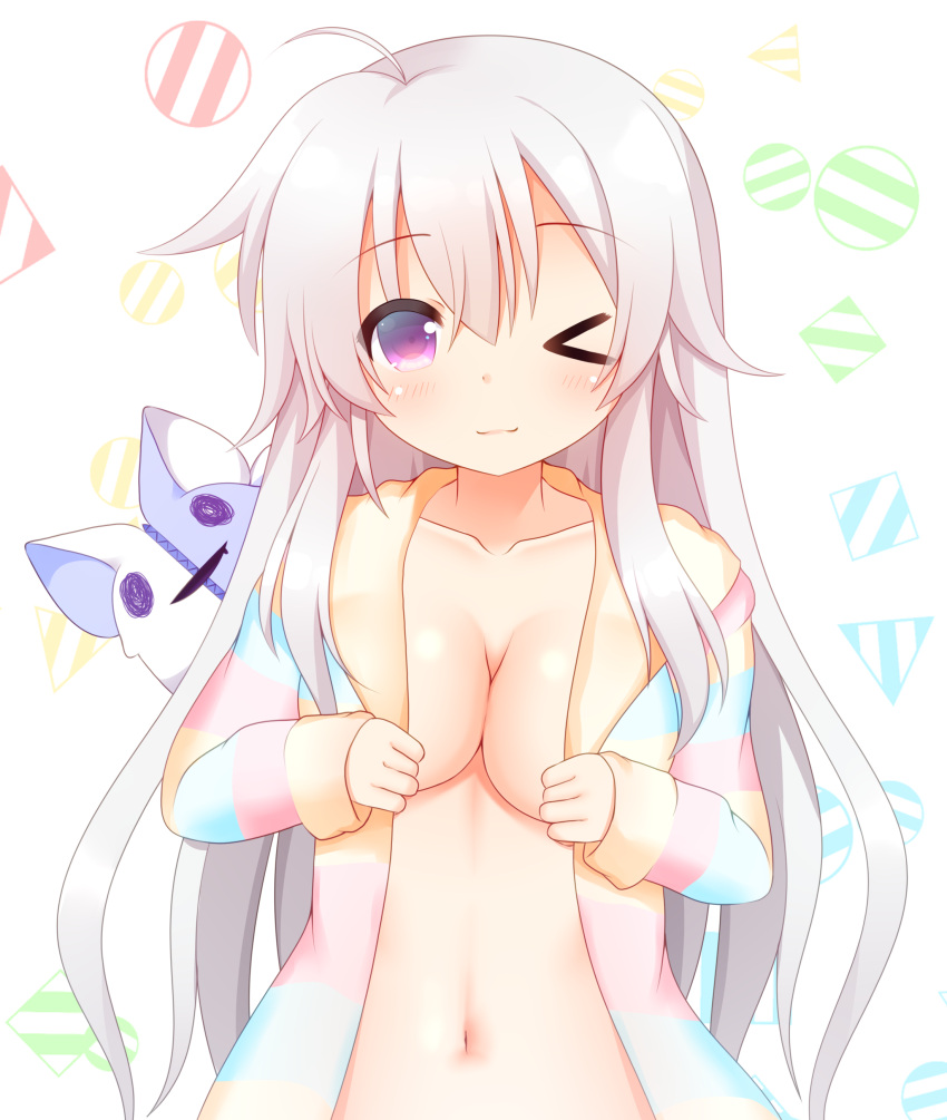 >_o 9-nine- :3 absurdres ahoge blush breasts cardigan cleavage closed_mouth collarbone commentary_request female grey_hair hair_between_eyes hair_down highres large_breasts lips long_hair long_sleeves looking_at_viewer midriff mozukunin multicolored_clothes multicolored_sweater navel niimi_sora no_bra one_eye_closed open_cardigan open_clothes purple_eyes simple_background sleeves_past_wrists smile solo sophitia stomach straight-on striped_clothes striped_sweater sweater upper_body very_long_hair wavy_hair white_background