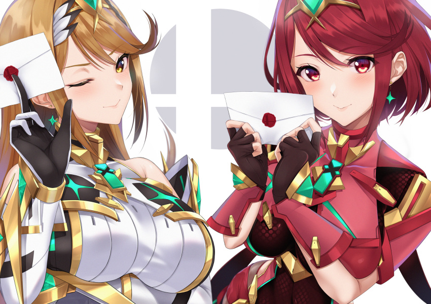 2girls bare_shoulders black_gloves blonde_hair bob_cut breasts chest_jewel closed_mouth dress drop_earrings earrings elbow_gloves fingerless_gloves gloves headpiece highres jewelry large_breasts long_hair multiple_girls mythra_(massive_melee)_(xenoblade) mythra_(xenoblade) one_eye_closed pyra_(xenoblade) red_eyes red_hair short_dress short_hair short_sleeves smash_invitation smile super_smash_bros. super_smash_bros._logo swept_bangs tiara upper_body very_long_hair white_gloves xenoblade_chronicles_(series) xenoblade_chronicles_2 yellow_eyes yuuki_shin