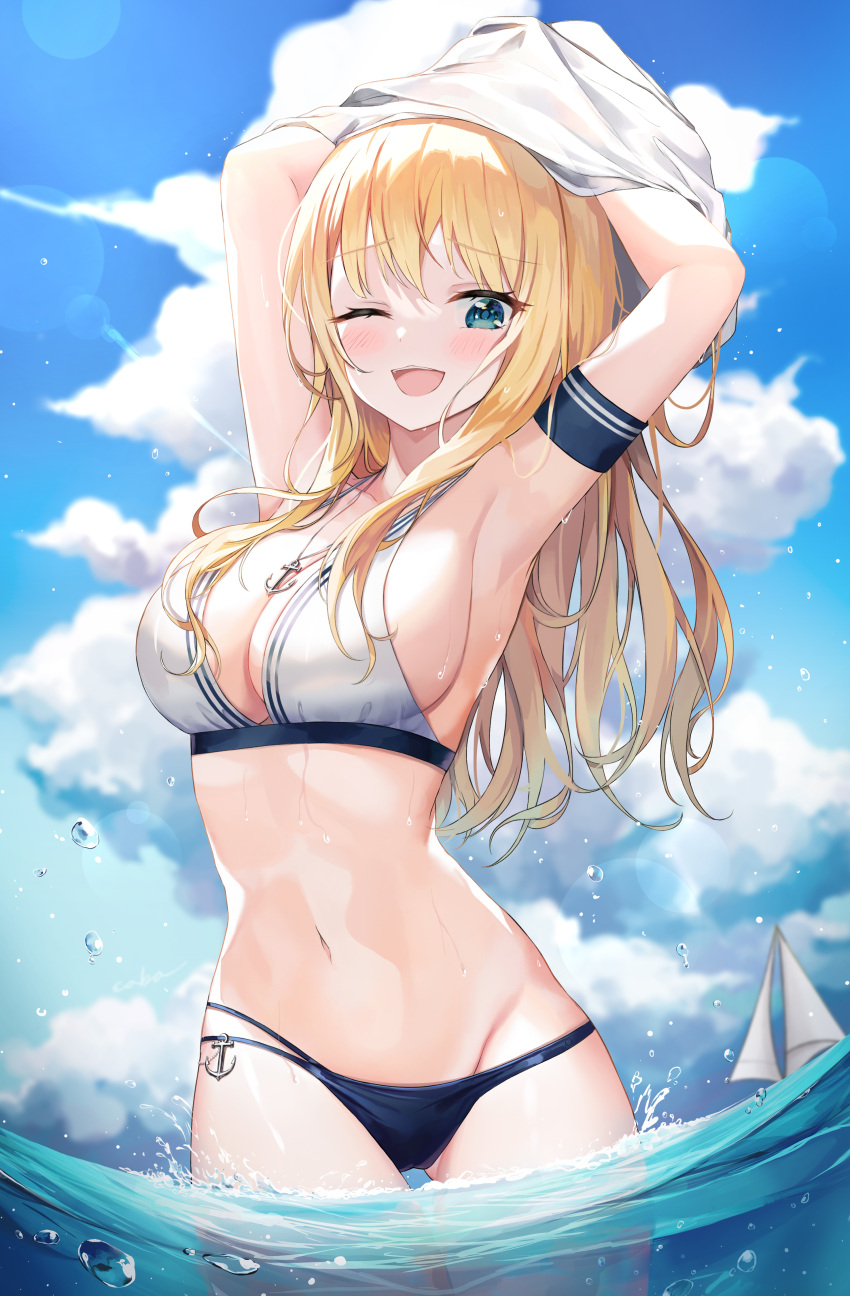 ;d absurdres anchor_necklace armband armpits arms_up ass_visible_through_thighs bare_shoulders beach bikini black_bikini blonde_hair blue_eyes boat breasts caba_(caba091) cleavage cloud cloudy_sky commentary cowboy_shot day female highres jewelry large_breasts mismatched_bikini mixed-language_commentary multi-strapped_bikini navel necklace one_eye_closed open_mouth original outdoors sailboat sky smile solo standing stomach string_bikini swimsuit thigh_gap undressing unworn_shirt wading water watercraft wet white_bikini