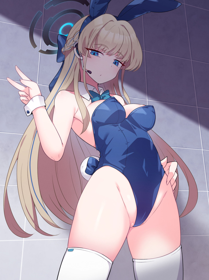 amagaeru_(hylathewet) animal_ears bare_shoulders blonde_hair blue_archive blue_eyes blue_hair blue_halo blue_leotard blush bow bowtie breasts commentary_request detached_collar earpiece fake_animal_ears female groin halo hand_on_own_hip highleg highleg_leotard highres leotard long_hair looking_at_viewer multicolored_hair official_alternate_costume playboy_bunny rabbit_ears rabbit_tail solo strapless strapless_leotard tail thighhighs toki_(blue_archive) toki_(bunny)_(blue_archive) two-tone_hair white_thighhighs