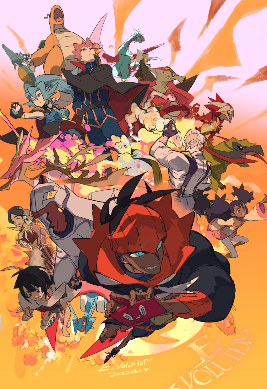 4girls 5boys absurdres arm_up artist_name beard belt black_hair black_shirt blue_bodysuit blue_jacket blue_pants bodysuit breasts cape clair_(pokemon) closed_mouth coat dark-skinned_female dark-skinned_male dark_skin dragalge dragonite drake_(pokemon) drasna_(pokemon) drayden_(pokemon) dress duraludon e_volution facial_hair frown gloves grey_pants hand_on_own_hip hand_up hat haxorus highres holding holding_phone holding_poke_ball iris_(pokemon) jacket jewelry kingdra lance_(pokemon) long_hair looking_up mega_pokemon mega_salamence multiple_boys multiple_girls necklace pants parted_lips phone pink_skirt poke_ball pokemon pokemon_(creature) pokemon_bw pokemon_hgss pokemon_oras pokemon_swsh pokemon_xy ponytail purple_hair raihan_(pokemon) red_hair rotom rotom_phone ryuki_(pokemon) salamence shirt short_hair skirt smile spiked_hair suspenders turtonator two_side_up ultra_ball white_hair white_headwear white_pants white_shirt zinnia_(pokemon)