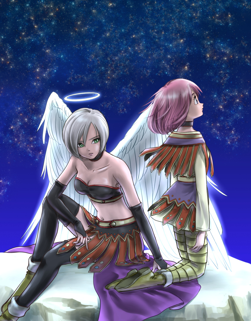 2girls angel angel_wings bare_shoulders black_choker black_gloves black_legwear blue_eyes boots breasts bridal_gauntlets brown_footwear brown_legwear brown_skirt choker cleavage collarbone commentary_request crop_top dragon_quest dragon_quest_ix elbow_gloves feathered_wings gloves green_eyes grey_hair halo heroine_(dq9) highres kneeling medium_breasts midriff multiple_girls navel night night_sky pekuchin_(pekuchin_3) pink_hair raviel short_hair sitting skirt sky thighhighs white_wings wings