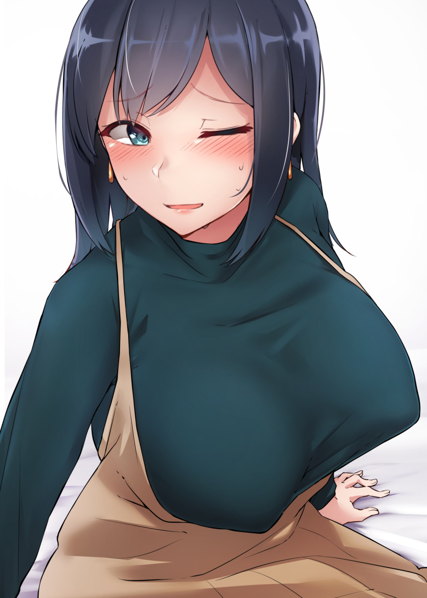 absurdres alternate_costume alternate_hairstyle blue_eyes blue_hair blue_sweater blush breasts dress female hair_down highres kantai_collection kiritto large_breasts long_hair long_sleeves official_alternate_costume one_eye_closed open_mouth simple_background solo souryuu_(kancolle) sweat sweater white_background yellow_dress