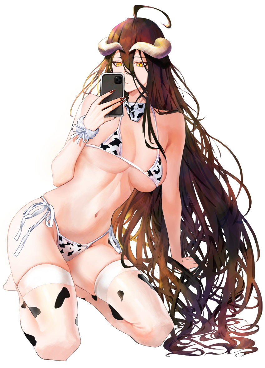 absurdres ahoge albedo_(overlord) animal_print arm_behind_back bare_shoulders breasts brown_hair brown_nails cellphone cleavage collarbone commentary cow_print demon_girl demon_horns female full_body gradient halterneck hand_up highres horns korean_commentary large_breasts long_hair looking_at_phone messy_hair midriff navel no_shoes overlord_(maruyama) phone seiza selfie shiro0100 simple_background sitting slit_pupils solo thighhighs thighs underboob very_long_hair white_background yellow_eyes