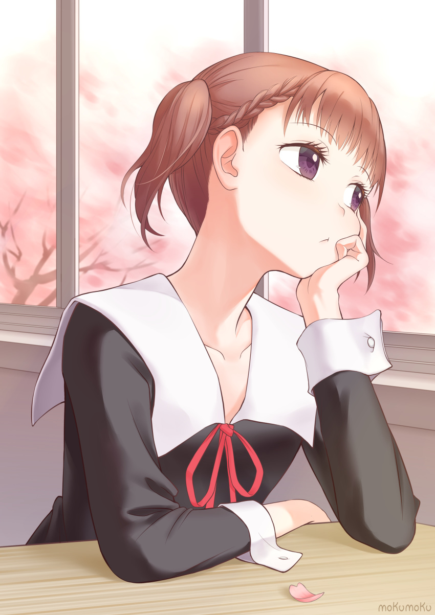 absurdres artist_name blunt_bangs braid brown_hair cherry_blossoms classroom collarbone desk dress female head_rest highres indoors kaguya-sama_wa_kokurasetai_~tensai-tachi_no_renai_zunousen~ long_sleeves looking_away looking_outside mokupa neck_ribbon petals purple_eyes red_ribbon ribbon school_desk school_uniform shijou_maki short_hair shuuchiin_academy_school_uniform sitting solo twintails upper_body window