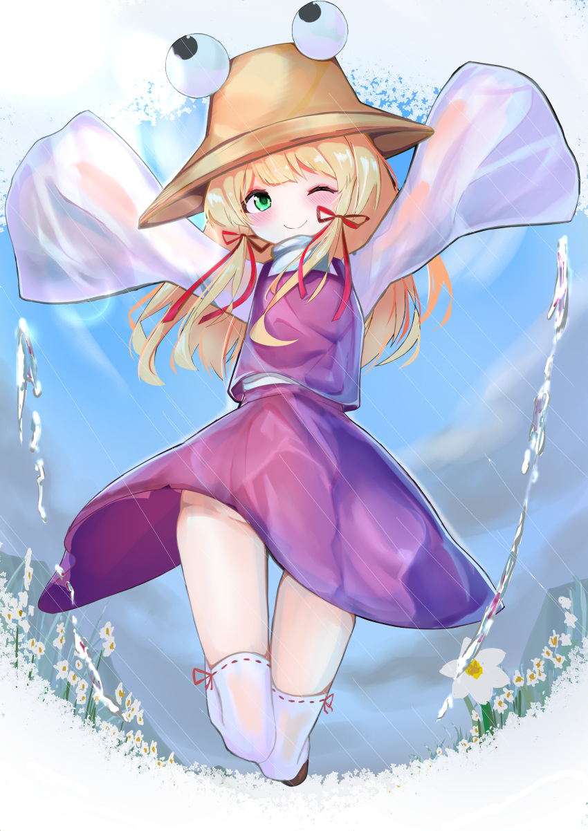 258n ;) \o/ absurdres arms_up blonde_hair blunt_bangs blush brown_hat cloud daffodil day dress eyebrows_hidden_by_hair female field fisheye flat_chest flower flower_field full_body green_eyes hair_ribbon hat highres hydrokinesis jumping long_hair long_sleeves moriya_suwako no_nose no_panties one_eye_closed outstretched_arms purple_dress purple_skirt purple_vest red_ribbon ribbon shirt sidelocks skirt skirt_set sky sleeves_past_fingers sleeves_past_wrists smile solo thighhighs touhou turtleneck vest water white_flower white_shirt white_thighhighs