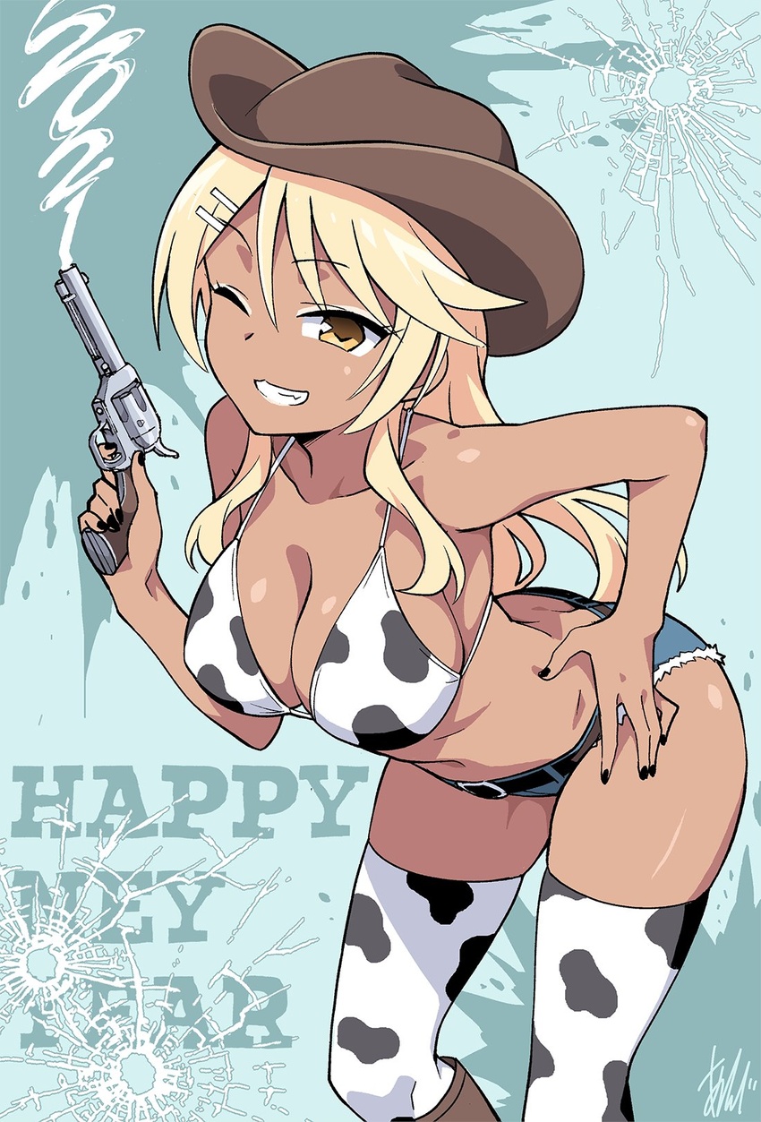 anbe_masahiro animal_print artist_name atsumare!_fushigi_kenkyuubu belt bikini black_belt black_footwear black_nails blonde_hair blue_shorts boots breasts brown_hat bullet_hole cleavage commentary cow_print cowboy_hat cutoffs dark-skinned_female dark_skin english_text eyeliner female grin gun hair_ornament hairclip half-closed_eye hand_on_own_hip happy_new_year hat highres holding large_breasts long_hair looking_at_viewer makeup micro_shorts nail_polish new_year one_eye_closed print_bikini print_thighhighs shorts signature skindentation smile smoke solo standing swimsuit tan tanaka_ryouko text_background thighhighs weapon white_bikini white_thighhighs yellow_eyes