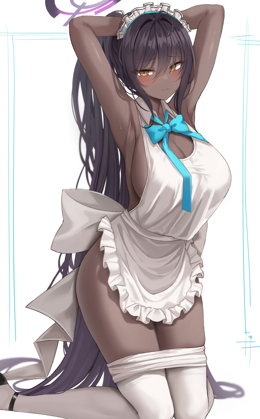 absurdres alternate_hairstyle apron aqua_bow aqua_bowtie armpits arms_up biya_(1024) black_footwear black_hair blue_archive blush bow bowtie breasts cleavage clothes_pull dark-skinned_female dark_skin female halo highres karin_(blue_archive) kneeling large_breasts long_hair maid maid_headdress naked_apron pantyhose pantyhose_pull ponytail simple_background solo sweat very_long_hair white_apron white_background white_pantyhose yellow_eyes