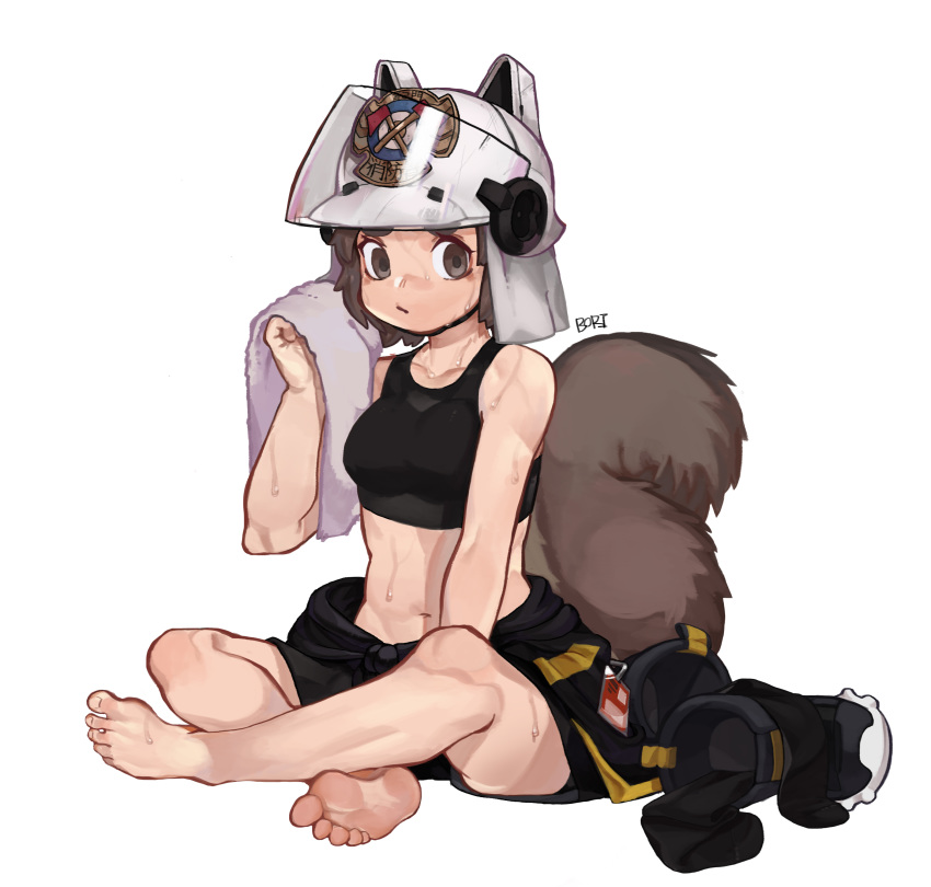 absurdres animal_ears_helmet arknights bad_id bad_pixiv_id barefoot boots boridongja brown_eyes brown_hair feet female fire_helmet firefighter firefighter_jacket highres indian_style jacket midriff photoshop_(medium) shaw_(arknights) short_hair sitting soles solo squirrel_girl squirrel_tail sweat tail tank_top towel unworn_boots unworn_jacket white_background