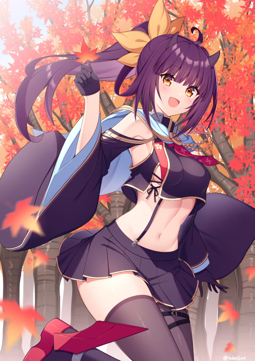 :d ahoge aiguillette arm_up armpit_peek armpits azur_lane bare_shoulders black_gloves black_serafuku black_shirt black_skirt breasts brown_thighhighs commentary_request crop_top crop_top_overhang female gloves gold_trim groin hair_ribbon half_gloves highres holding horns isuzu_(azur_lane) isuzu_(retrofit)_(azur_lane) leaf leg_up long_hair long_sleeves looking_at_viewer maple_leaf medium_breasts midriff miniskirt navel neckerchief no_bra orange_eyes pleated_skirt ponytail purple_hair revealing_clothes ribbon rudder_footwear sailor_collar school_uniform serafuku shirt skirt smile solo stomach suspenders t@ke-g thigh_strap thighhighs thighs wide_sleeves zettai_ryouiki