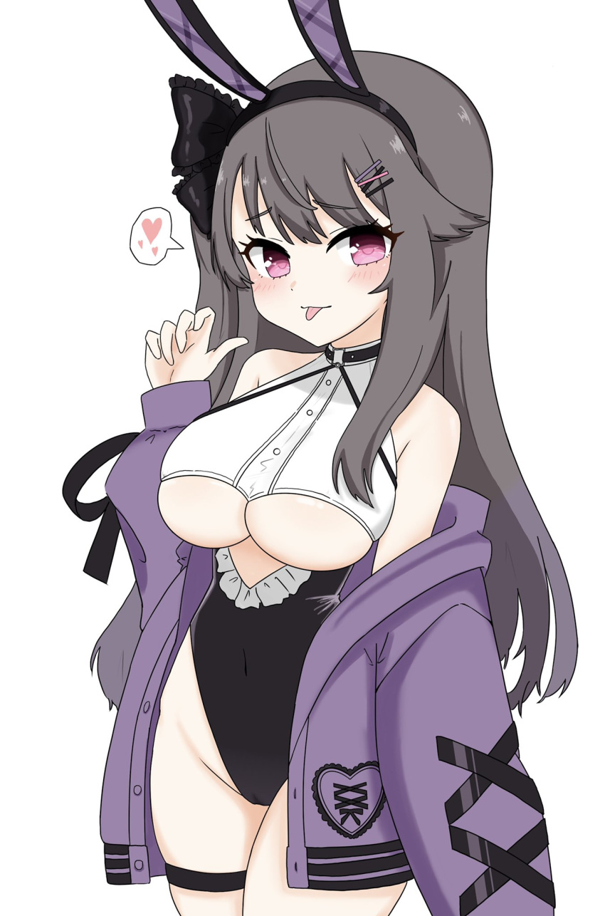 :p animal_ears arm_at_side azur_lane bare_shoulders black_hairband black_leotard blush bow breasts brown_hair choker clothing_cutout covered_navel cowboy_shot cutout_above_navel dot_nose eyes_visible_through_hair fake_animal_ears fellatio_gesture female frilled_leotard frills groin hair_flaps hair_ornament hair_over_shoulder hairband hairbow hairclip hand_up heart highleg highleg_leotard highres jacket jacket_partially_removed large_breasts leotard light_purple_hair light_smile long_hair long_sleeves looking_at_viewer looking_to_the_side multicolored_hair navel off_shoulder oha_(oha_h22) open_clothes open_jacket pamiat_merkuria_(azur_lane) parted_bangs pink_eyes playboy_bunny puffy_long_sleeves puffy_sleeves purple_eyes purple_jacket rabbit_ears raised_eyebrows sidelocks sideways_glance simple_background skindentation solo speech_bubble spoken_heart standing streaked_hair swept_bangs thigh_strap tongue tongue_out tsurime two-tone_hair underboob underboob_cutout white_background