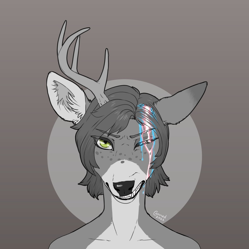 1:1 ambiguous_gender anthro antlers blood bodily_fluids broken_antler bust_portrait canned_(artist) cut_antlers deer fur green_eyes hi_res horn hybrid lgbt_pride mammal multicolored_blood multicolored_bodily_fluids new_world_deer pain portrait pride_color_blood pride_color_bodily_fluids pride_colors sharp_teeth solo teeth trans_(lore) trans_woman_(lore) transgender_pride_colors unusual_blood unusual_bodily_fluids white-tailed_deer