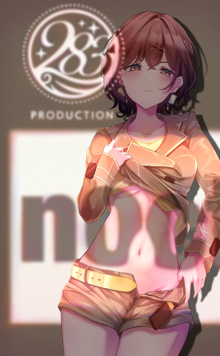 absurdres belt brown_hair clothes_lift commentary_request commission dars earrings female hair_ornament hairclip hanahashi_bagara highres higuchi_madoka idolmaster idolmaster_shiny_colors jacket jewelry looking_at_viewer mole mole_under_eye navel open_pants pants pixiv_commission purple_eyes shirt_lift short_hair short_shorts shorts solo swept_bangs yellow_belt