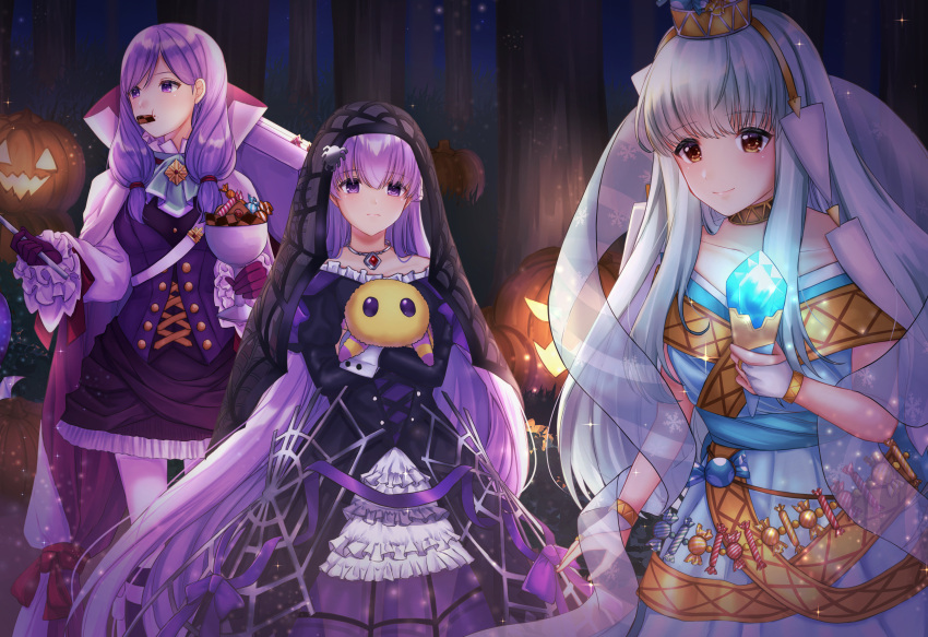 3girls absurdres alternate_costume blue_dress blue_hair bug candy cape collarbone commission dress eating fire_emblem fire_emblem:_path_of_radiance fire_emblem:_the_binding_blade fire_emblem:_the_blazing_blade fire_emblem_heroes food frilled_dress frills gloves hair_ornament halloween halloween_costume highres holding ilyana_(fire_emblem) ilyana_(halloween)_(fire_emblem) jack-o'-lantern jewelry lolita_fashion long_hair long_sleeves looking_at_viewer multiple_girls necklace nei_(aduma1120ponpon) night ninian_(fire_emblem) ninian_(halloween)_(fire_emblem) official_alternate_costume pantyhose pumpkin purple_eyes purple_hair red_eyes ribbon skeb_commission smile sophia_(fire_emblem) sophia_(halloween)_(fire_emblem) spider stuffed_animal stuffed_toy tied_hair tree veil very_long_hair wrist_cuffs