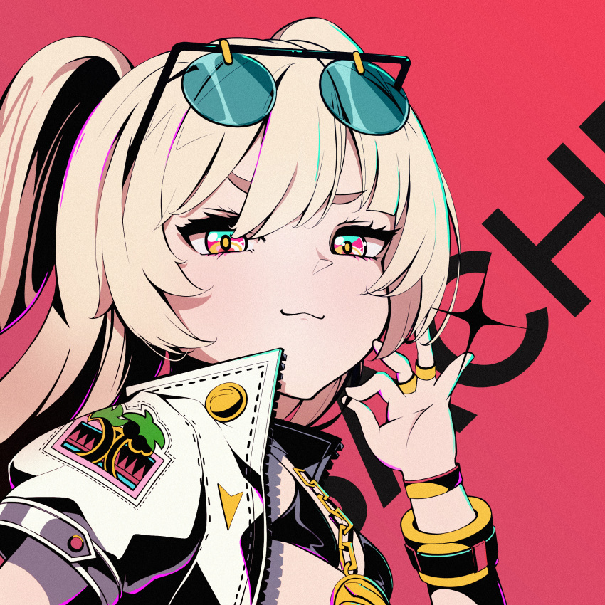 :3 absurdres azur_lane bache_(azur_lane) bache_(gorgeous_speed-star)_(azur_lane) bikini blonde_hair bracelet bracer character_name closed_mouth eyewear_on_head female flat_chest hand_up highres jacket jewelry long_hair looking_at_viewer multicolored_eyes rabe26k red_background ring smug solo_focus swimsuit twintails